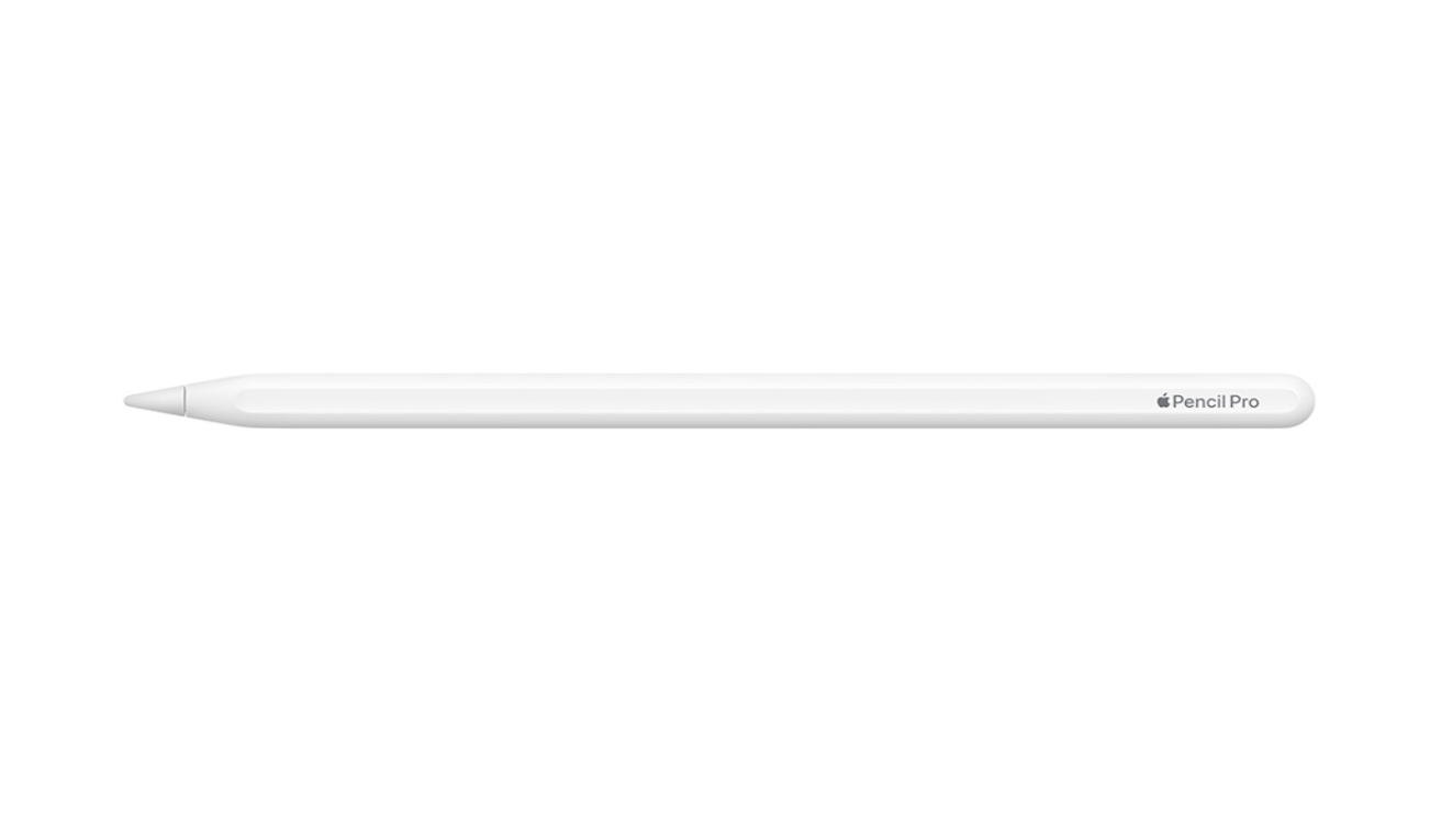 Apple Pencil Pro horizontal view, the full pencil with holding groove, tip and Pencil Pro logo is shown in white colour.