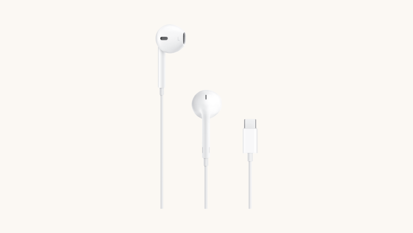 Apple EarPods with a white wired design and USB-C connector, showing both earbuds and the cable end.