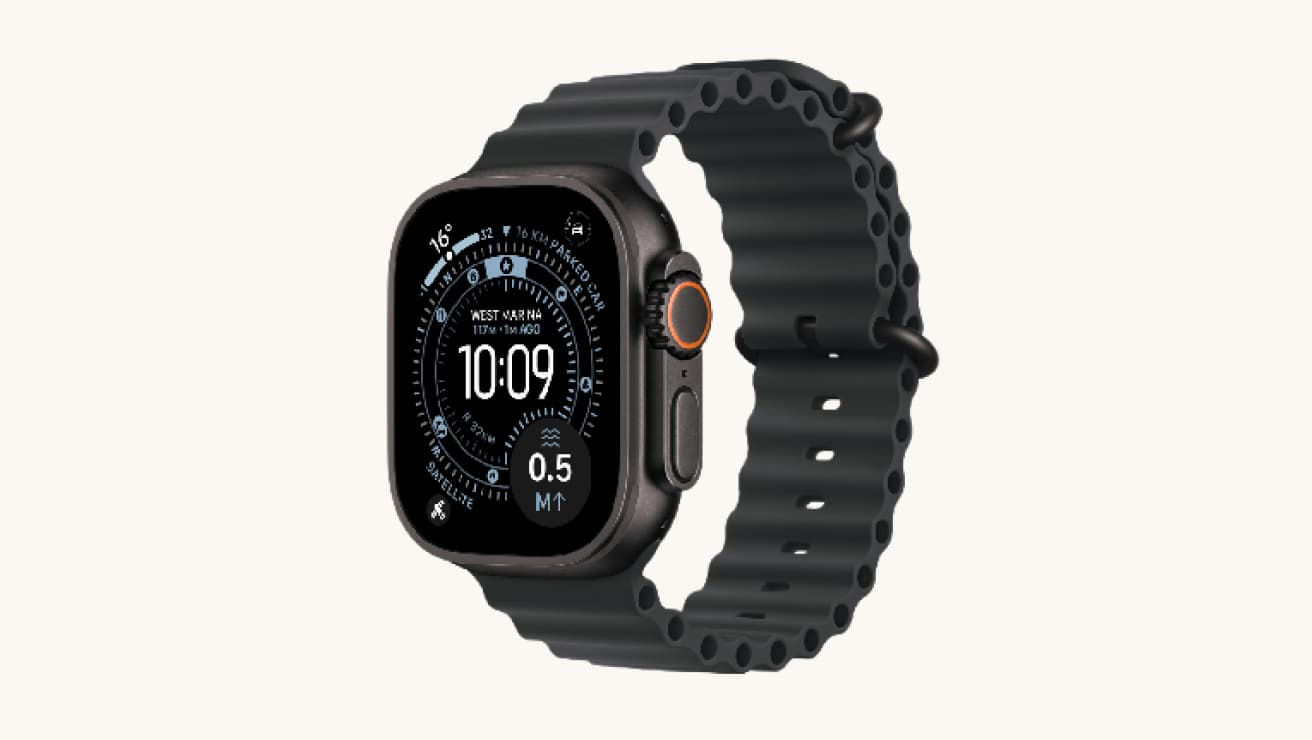 Apple Watch Ultra 3 with a rugged black band and titanium case, featuring a detailed digital watch face with fitness and navigation metrics.