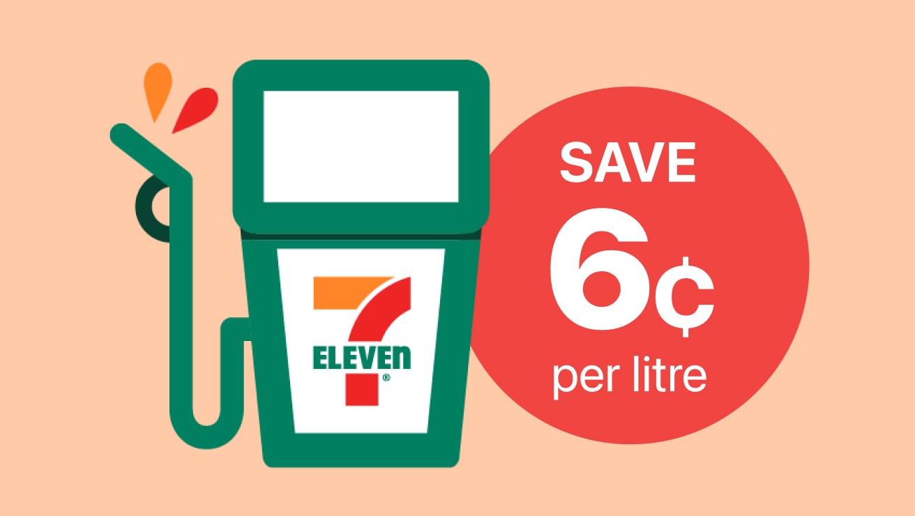 Illustrated image of 7-Eleven petrol bowser next to headline sayin,g 'save 6c per litre'.  