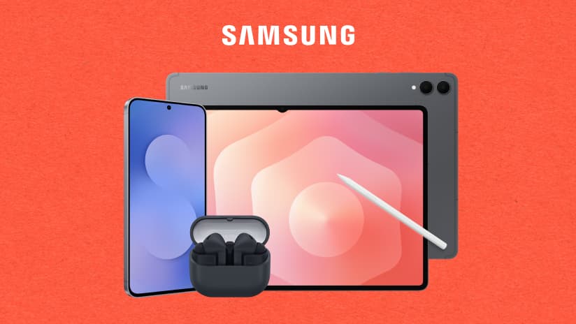 A Galaxy S25 FE, Tab S11 with S Pen, Tab S11 Ultra showing rear camera, and a pair of Buds3 FE in a black charging case. 