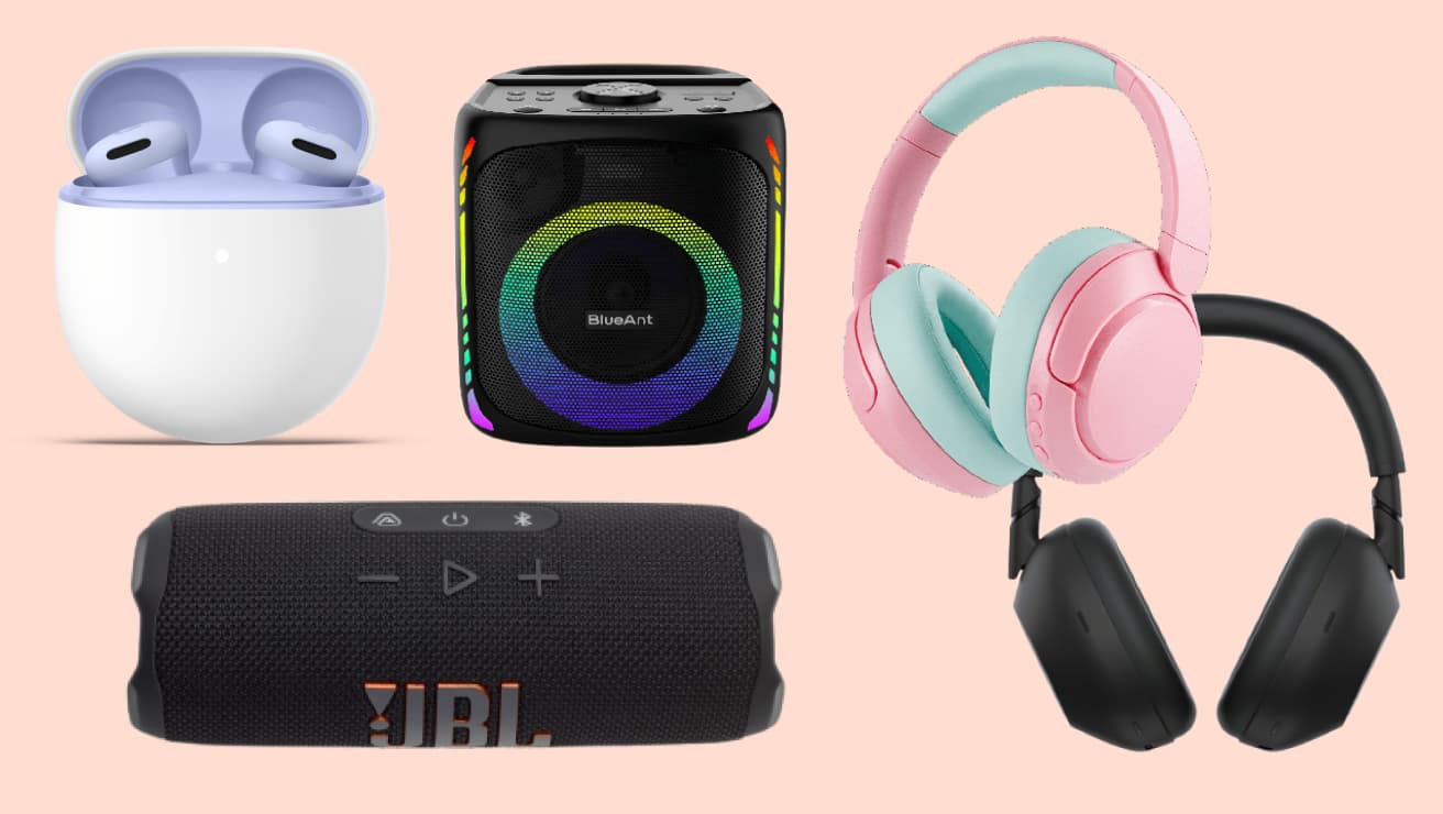 A range of audio accessories, like buds, headphones and BlueTooth speakers are shown on a pink background.