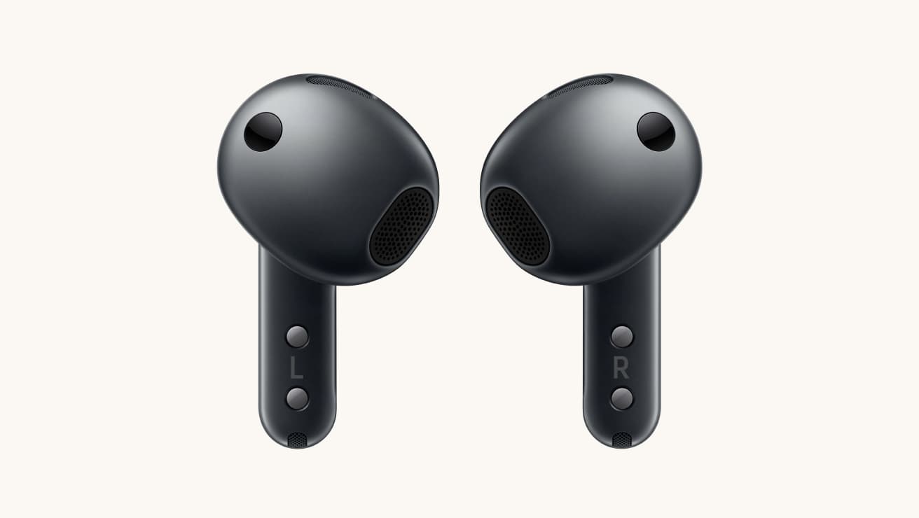 Samsung Galaxy Buds4 wireless earbuds in black, shown as a left and right earbud.