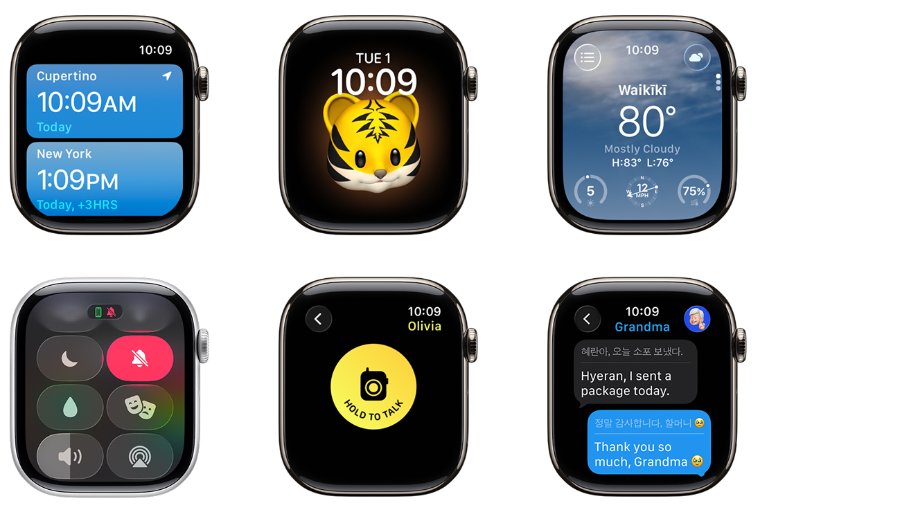 6 Apple Watch faces showing (clockwise from top left) Weather app, tiger memoji, Weather app, mute Notifications, Walkie Talkie and Translate via Messages.