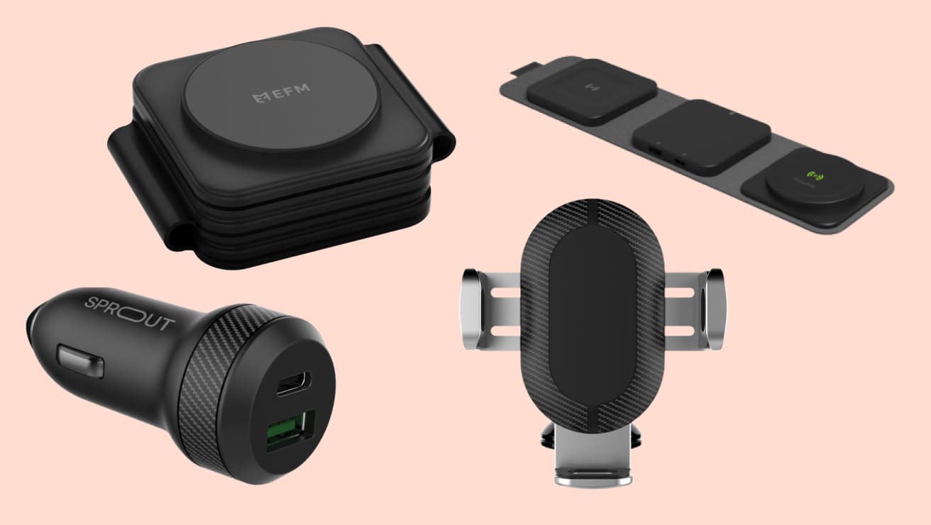 Four different portable chargers shown on a pink background.