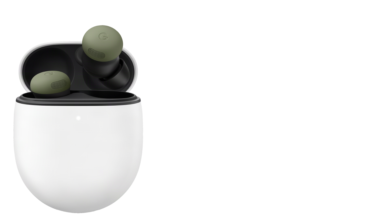 Front view of the Google Pixel Buds Pro 2 in Olive, case is open with the right bud emerging from the case. 