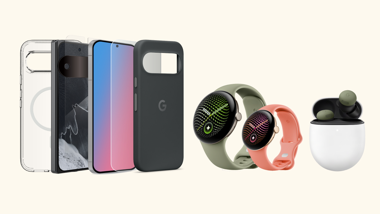 Left to right: Rear views of three Google Pixel 11 cases and one ZAGG InvisibleShield Glass Elite screen protector. In the centre are two Google Pixel Watch 5 LTE smartwatches, and on the right are Google Pixel Buds Pro 2 wireless earbuds.