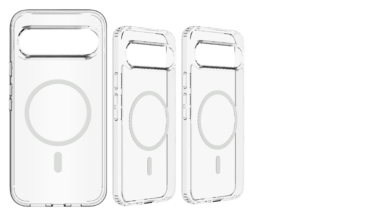 Rear view of three Sprout Hybrid Cases cases, showcasing all of the Google Pixel 11 models.