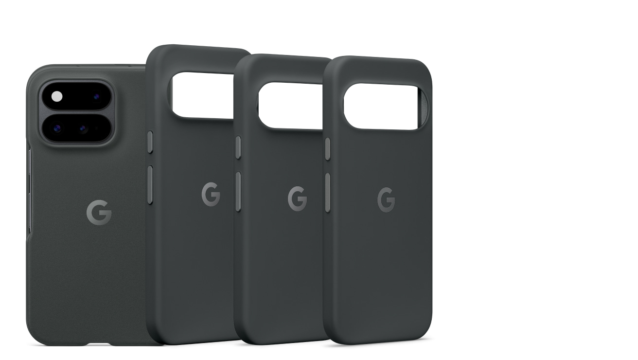 One rear view of Google Pixel 11 in the Google PixelSnap case in Obsidian. And rear view of three Google PixelSnap cases in Obsidian, showcasing all of the Google Pixel 11 models.