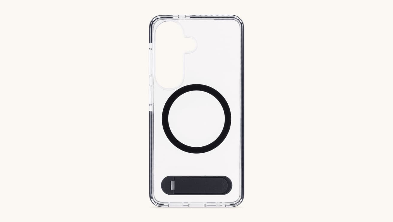 Clear S26 phone case with a transparent bumper, black kickstand and black magnetic ring on the back