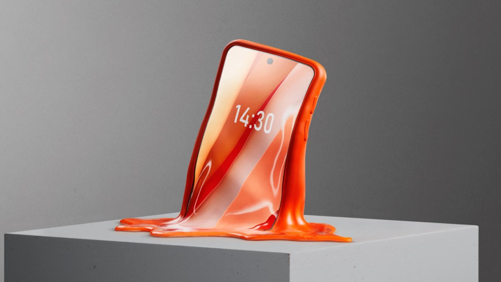 An animation of an orange phone gradually melting into a puddle on a grey pedestal.