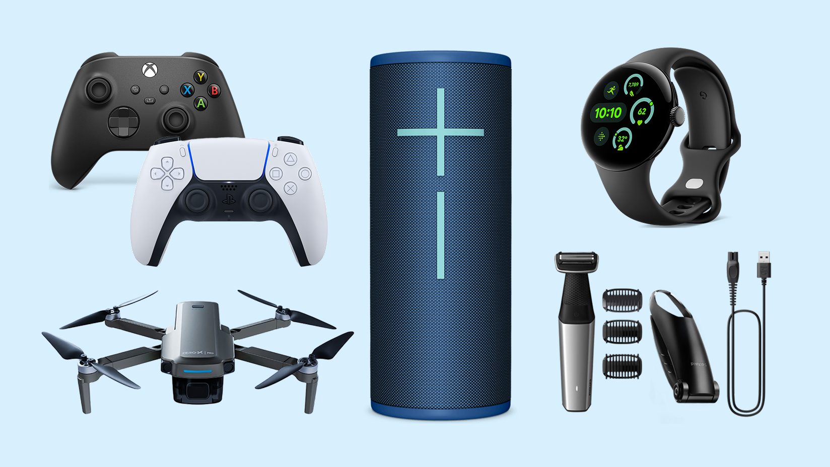 A collection of Father's Day gifts, from left to right, top to bottom: a black Microsoft Xbox wireless controller, a white PlayStation PS5 DualSense wireless controller, a Zero-X D4000 foldable drone, a blue UE Boom 4 speaker, a Google Pixel Watch 3 and a Philips Bodygroom Series 5000 trimmer along with it's attachments. 