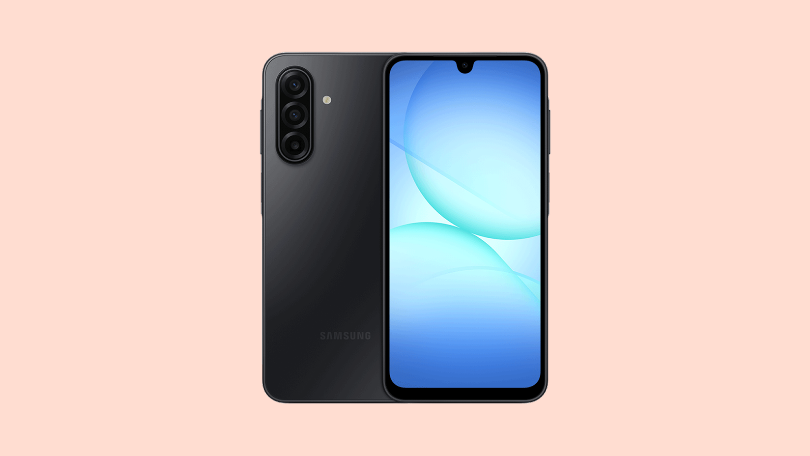 Black Samsung Galaxy A17 5G smartphone with blue screen and triple rear camera.