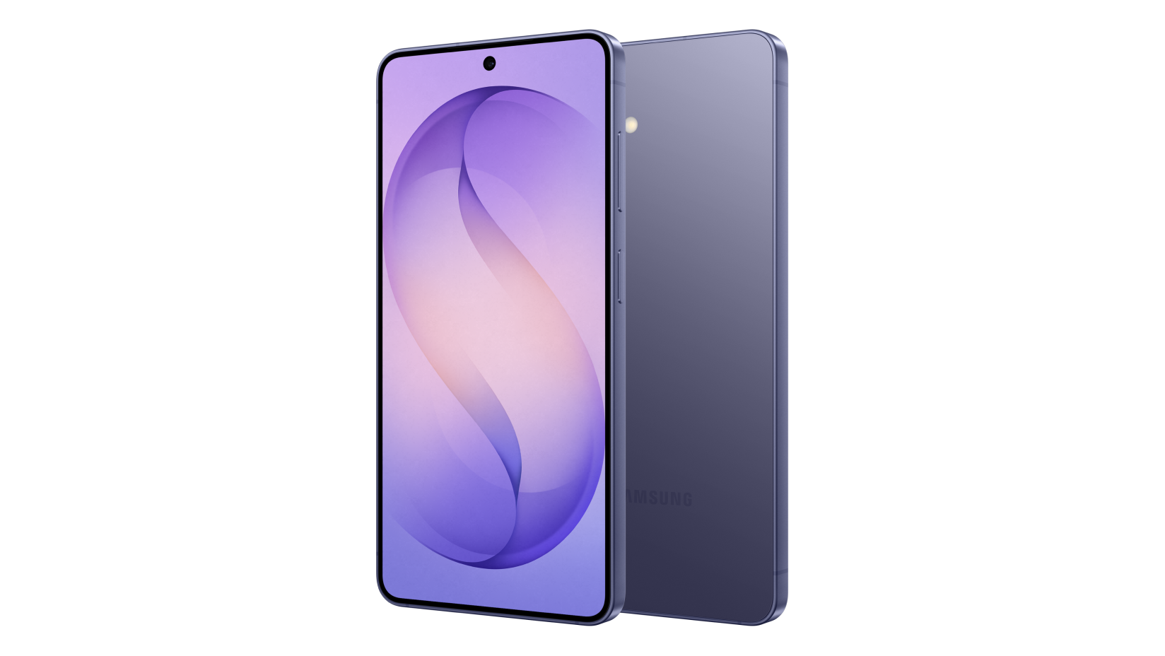 A purple Samsung Galaxy smartphone shown from the front and back at an angle.