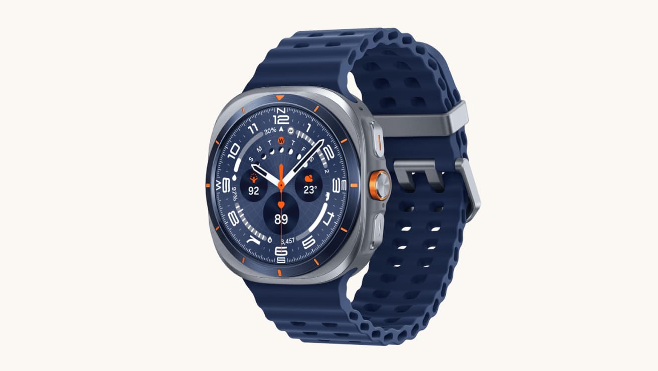 Samsung Galaxy Watch Ultra with blue band and round watch face.