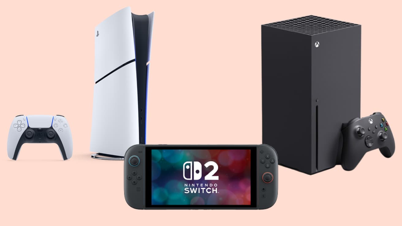 Three gaming consoles shown on a pink background.