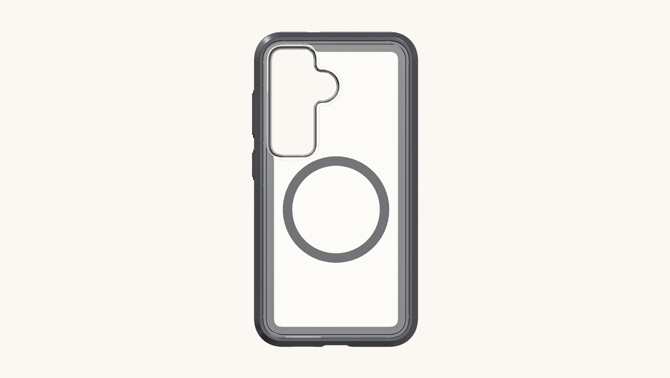 Clear S26 phone case with a dark grey bumper, with a circular magnetic ring on the back