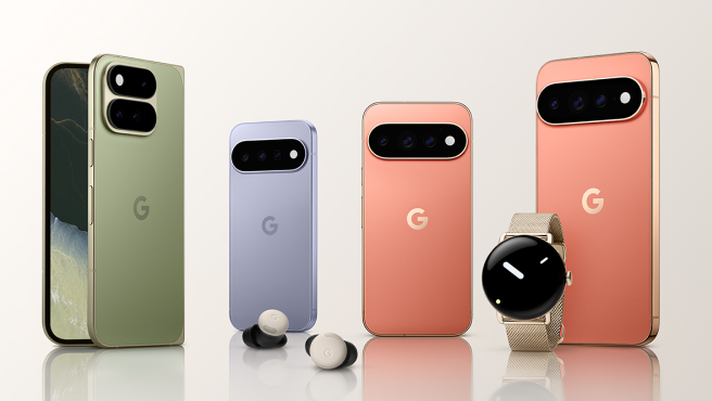Image showing four Google Pixel 11 devices, a pair of Pixel Buds earbuds, and a Pixel Watch.