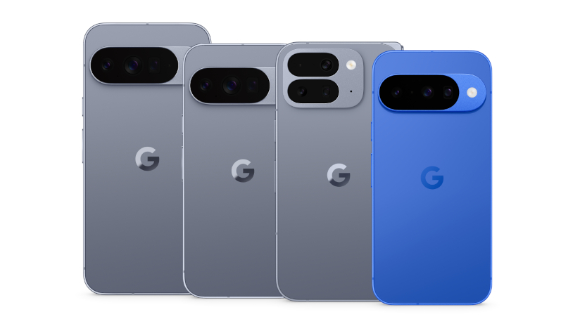 The rear view of a Google Pixel 10 Pro XL, Google Pixel 10 Pro, Google Pixel 10 Pro Fold and Google Pixel 10 in Moonstone and Indigo standing upright in a row from left to right.