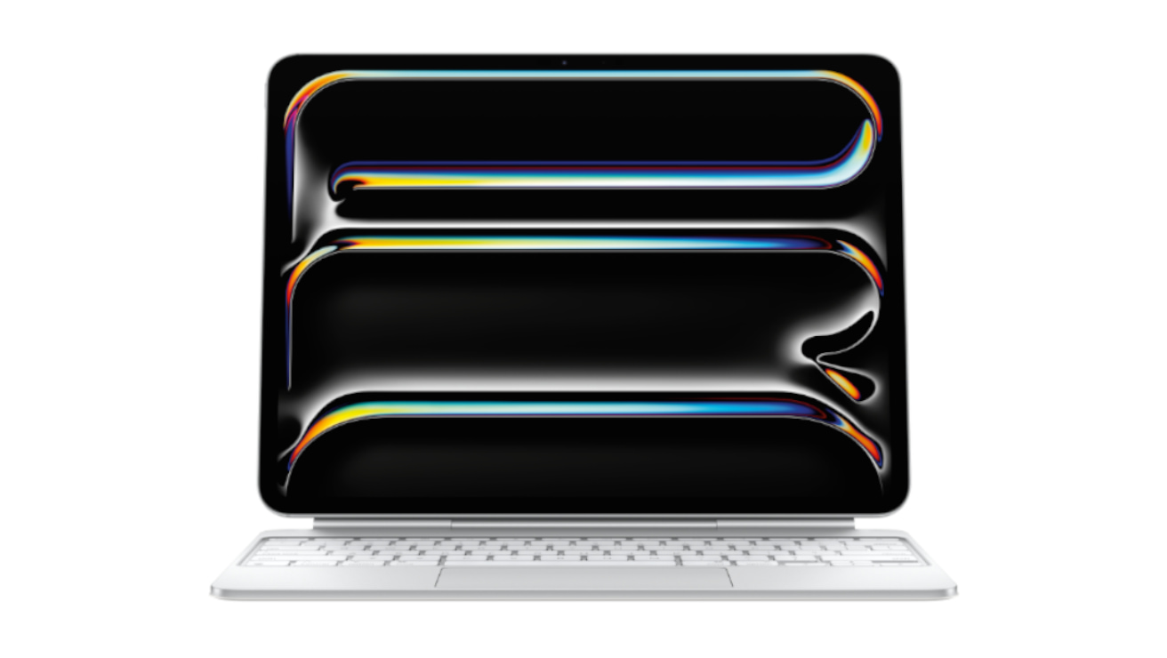 Front view of Apple Magic Keyboard for iPad Pro (M5) in white, attached to the iPad Pro.