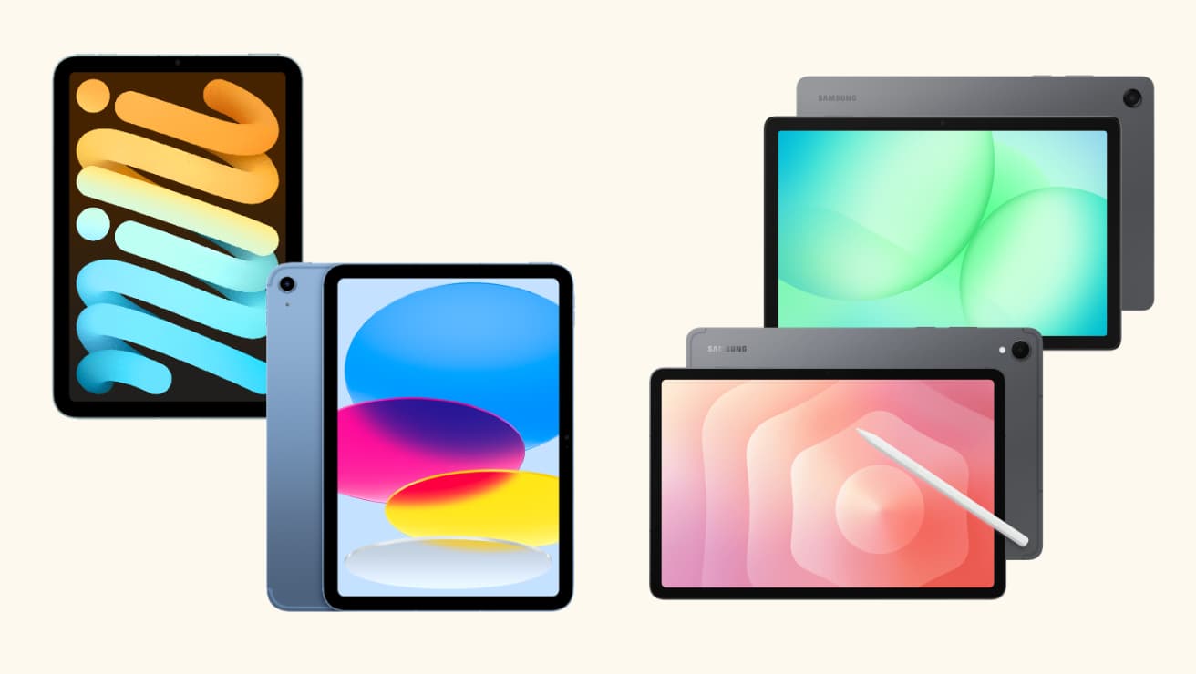 Four iPads and tablets on a beige background.