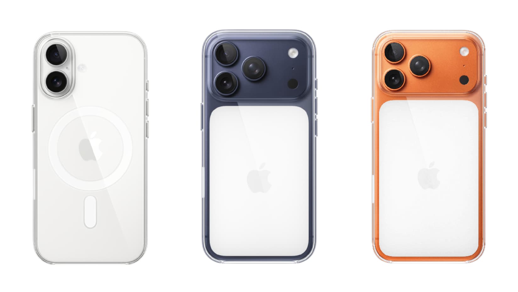 Three clear cases for iPhone 17 series, showing the coloured finish of the phone