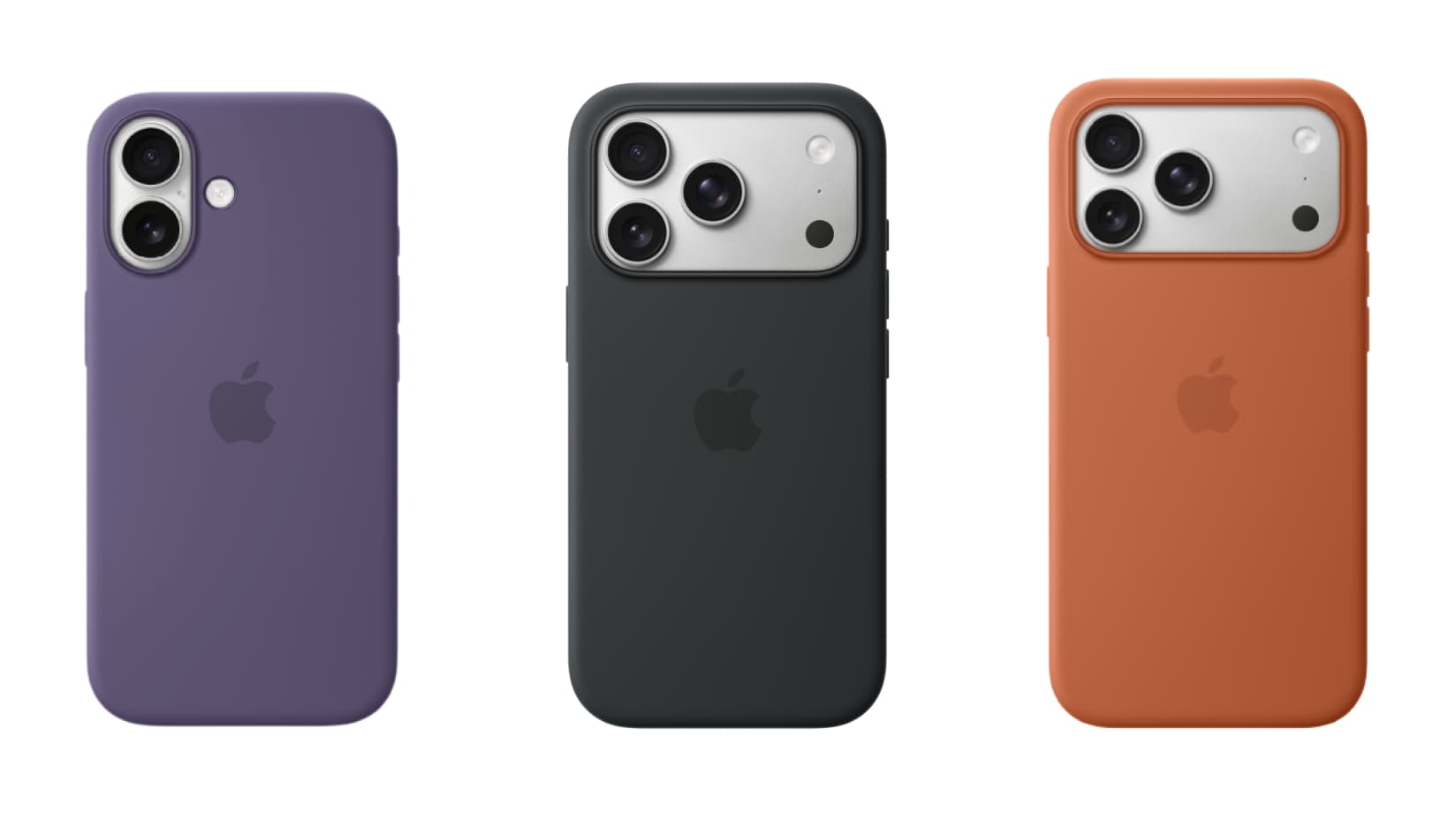 Three silicone MagSafe cases for iPhone 17 series in Purple Fog, Black and Terra Cotta.