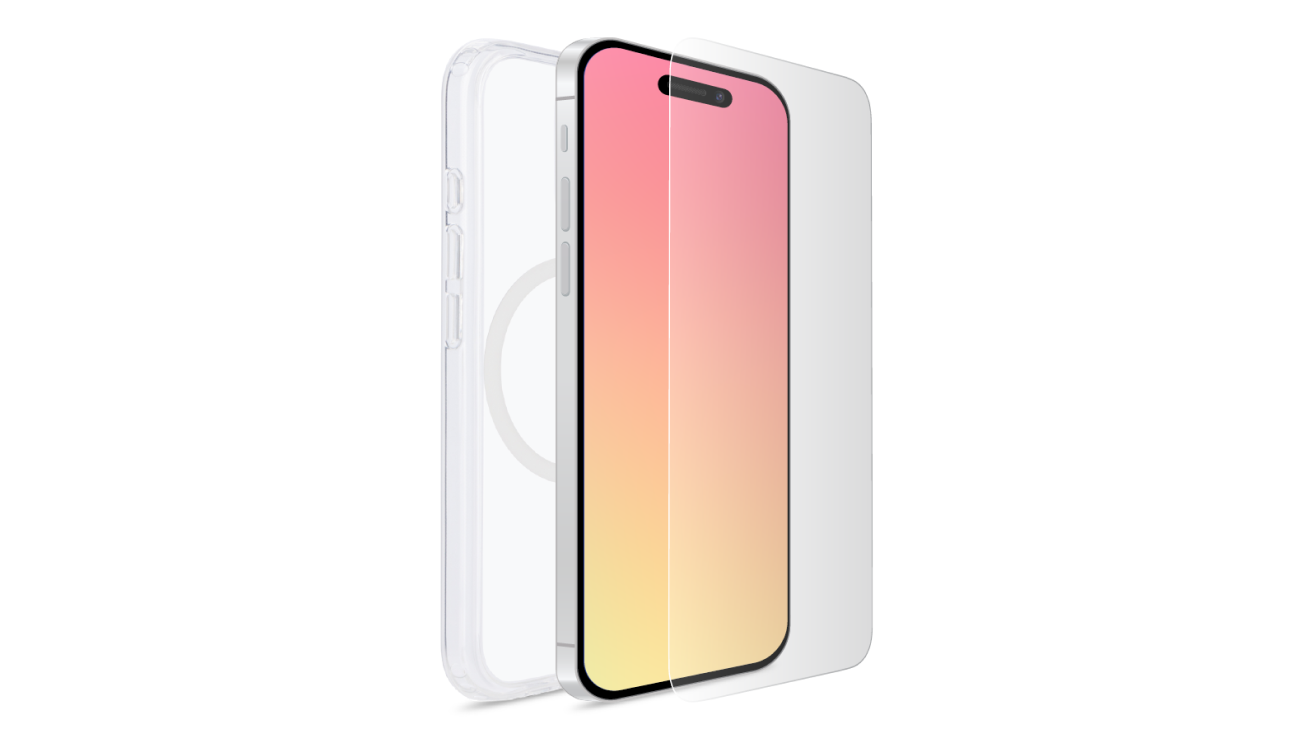 A transparent Combi Clear case and a Tempered Glass Screen Protector together, designed to protect an iPhone.