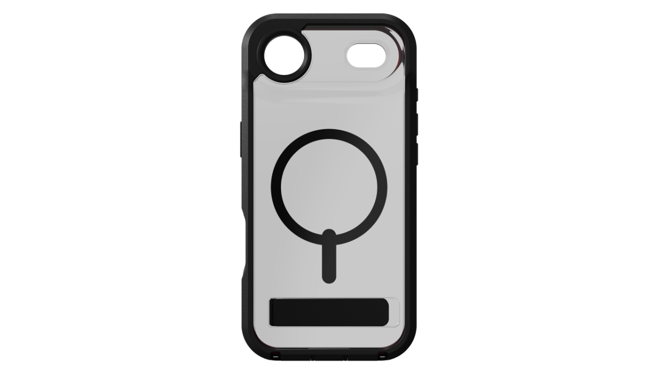 Black and grey durable and Magsafe-compatible case with a built-in kickstand, by ZAGG for iPhone 17