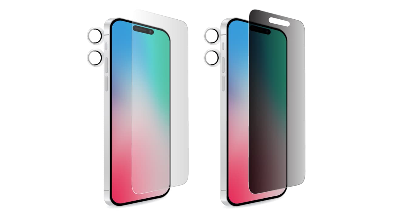 Two iPhone 17s side by side. On the left, a Sprout Tempered Glass Screen Protector is clear and transparent. On the right, a Sprout Privacy Glass Screen Protector appears darker and more opaque. 