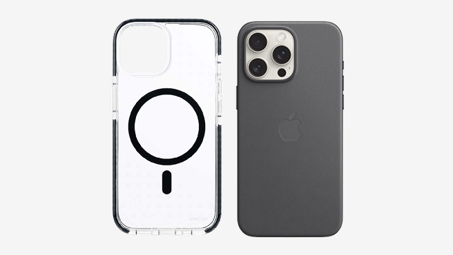 Two iPhone 15 MagSafe cases displayed side by side. On the left, DHC MagSafe case by Sprout, a clear case with a black circular MagSafe ring. On the right, FineWoven Case with MagSafe, a solid dark grey case featuring an Apple logo in the centre.