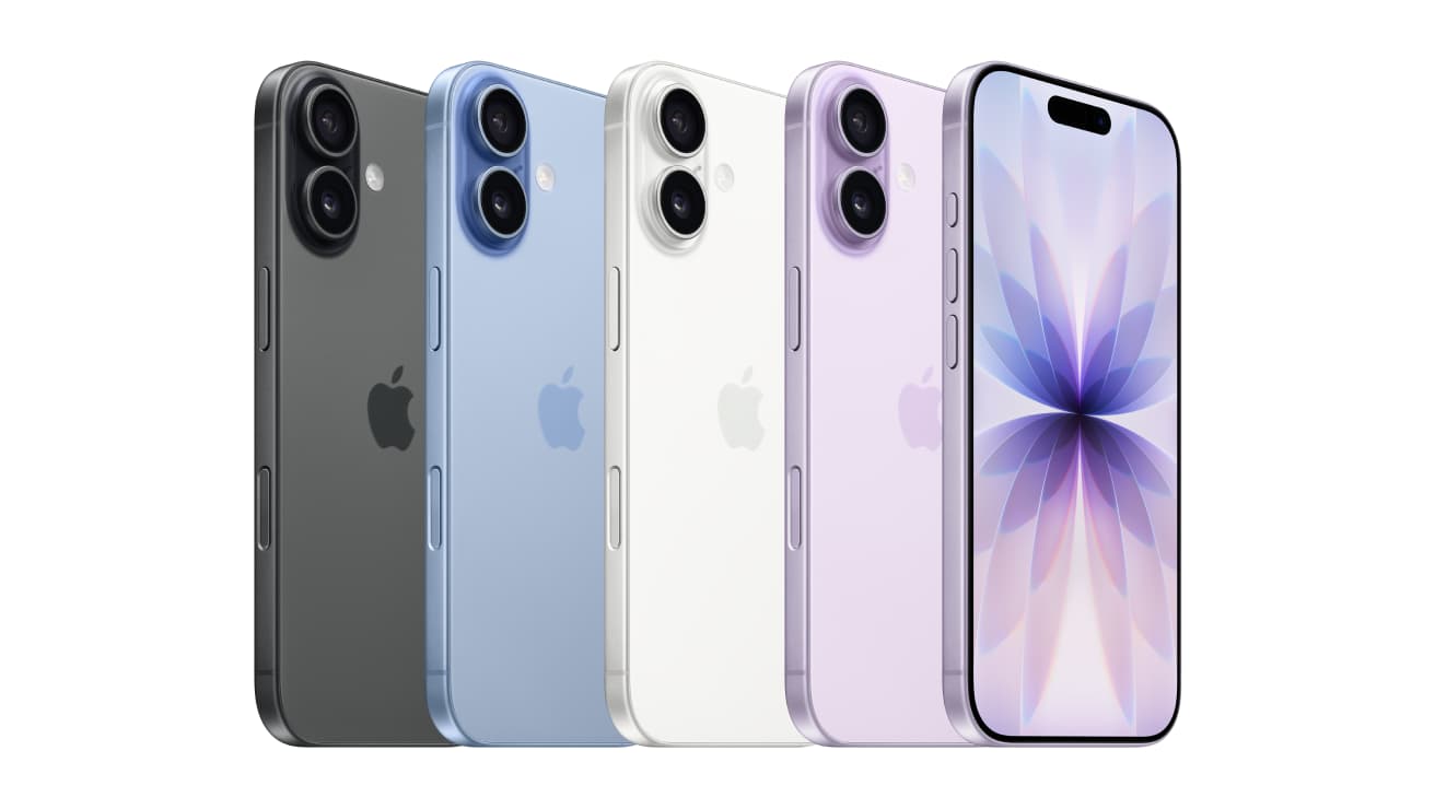 iPhone 17 in Black, Mist Blue, White and Lavender.