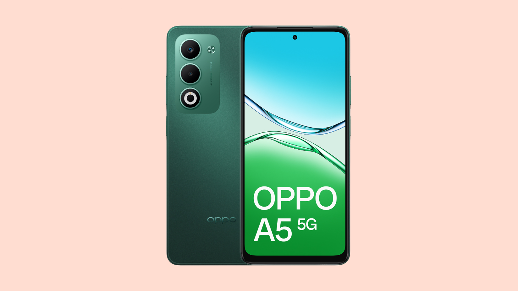 Green OPPO A5 5G phone with triple rear camera and gradient screen.