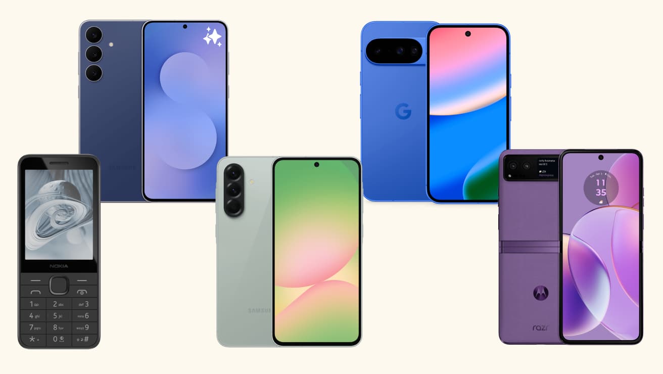 Five smartphones displayed on a beige background