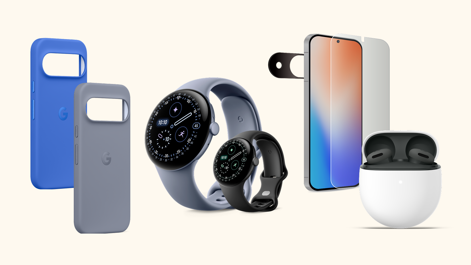 A lineup of Pixel accessories featuring two Pixelsnap cases for the Pixel 10 in Indigo and Moonstone on the left. Next to them are the Google Pixel Watch 4 in Silver/Grey and Black/Obsidian. On the far right are the Pixel Buds 2a, placed beside a Pixel 10 Glass Screen Protector and a smartphone displaying a soft gradient background.