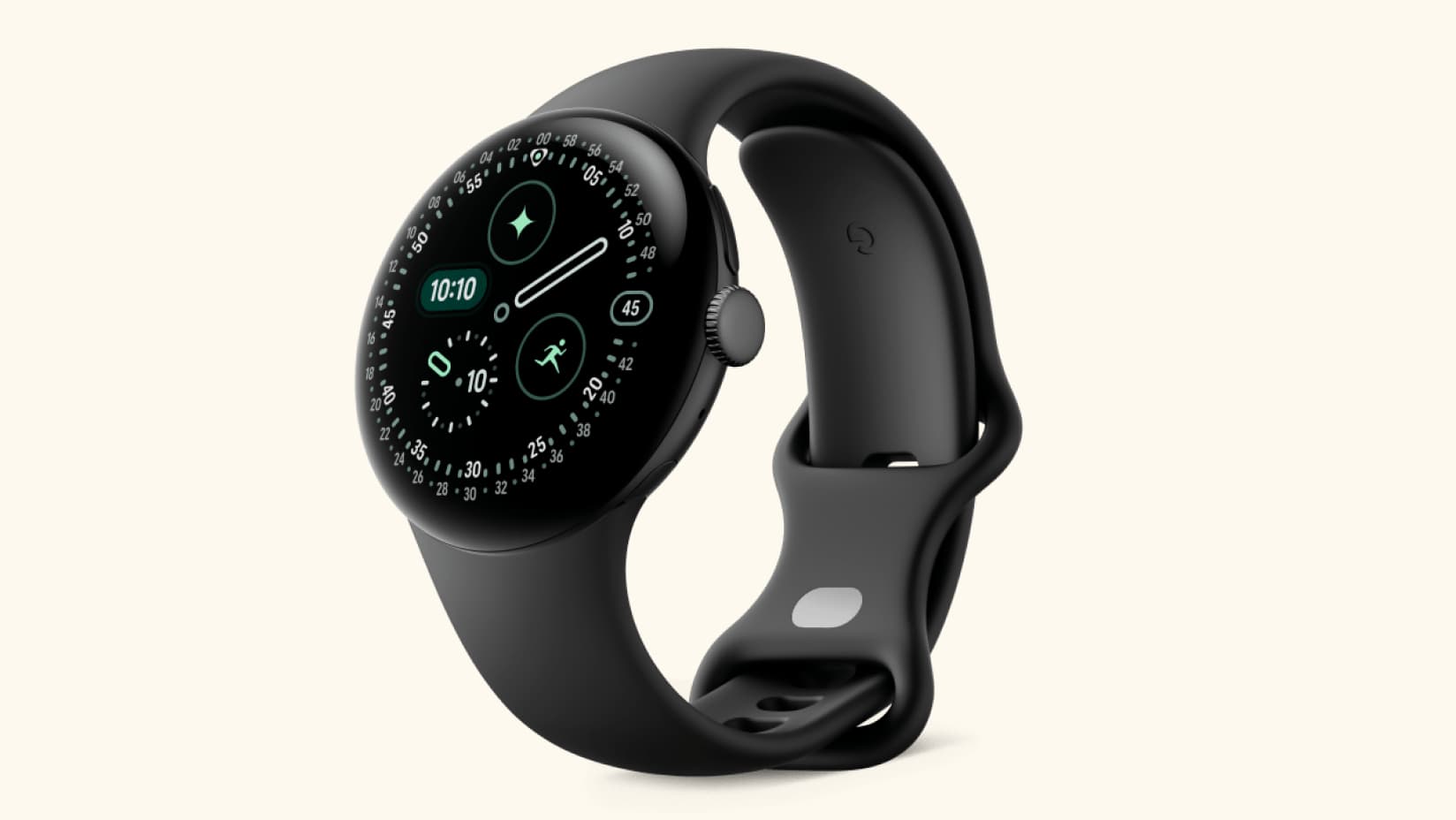 Front view of a Google Pixel Watch 4 in Black, displaying the time.