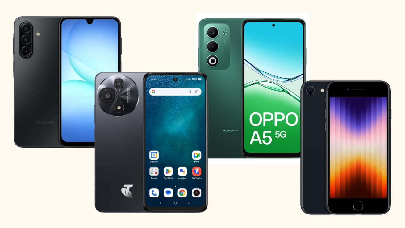 Four Pre-paid mobile phones displayed on a beige background