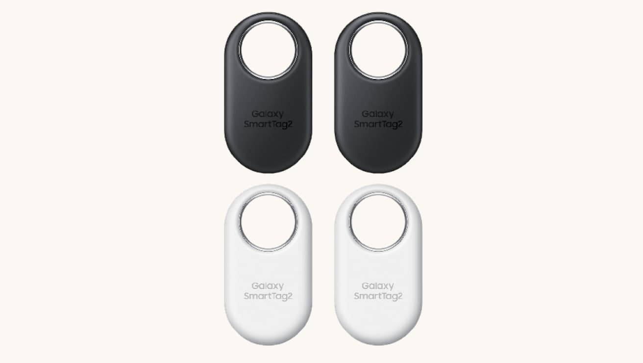 Samsung Galaxy SmartTag2 trackers shown in black and white.