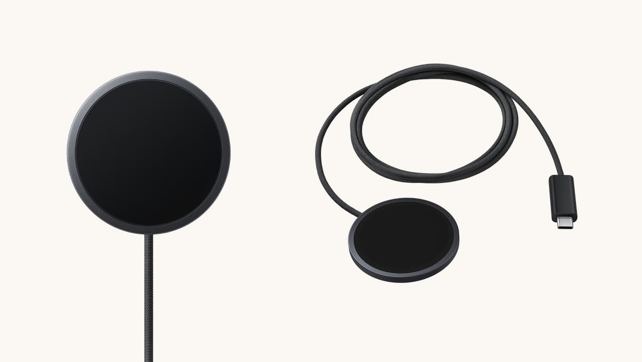 Two black magnetic wireless charging pads with braided cables, shown front on and coiled with a USB C connector