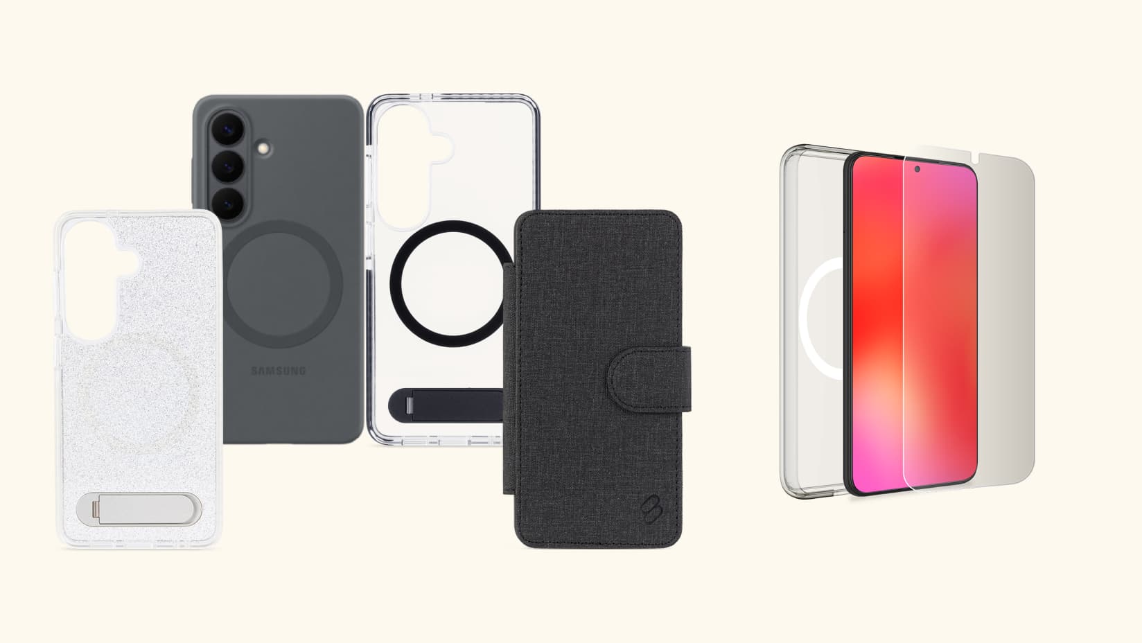 A range of Sprout Samsung Galaxy S26 accessories are displayed from left to right: Glitter Kickstand Magnetic Case, Magnetic Silicone Case, DHC Kickstand Magnetic Case, Sling Wallet Magnetic Case, Magnetic Case & Screen Protector Bundle