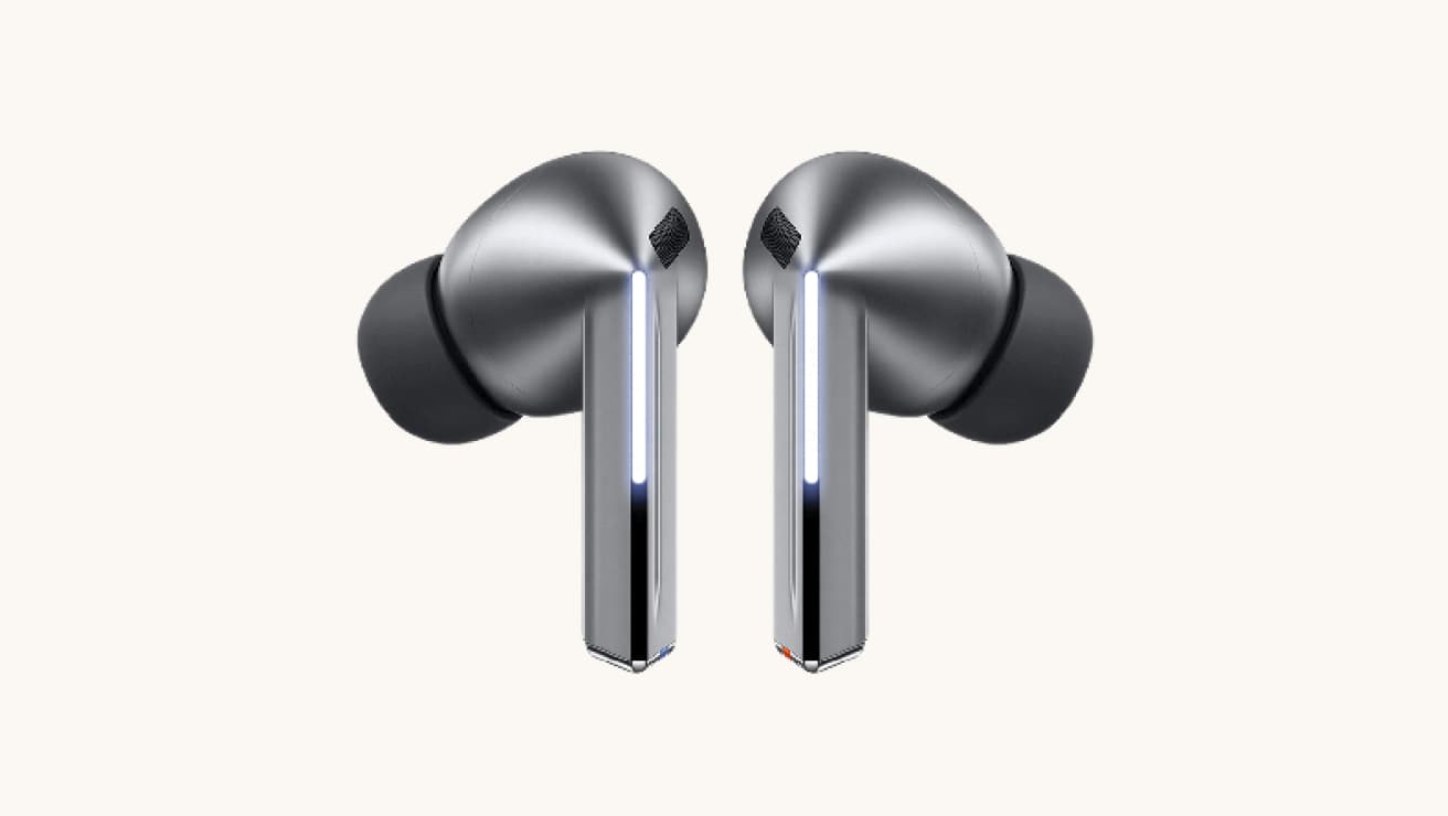 Samsung Galaxy Buds3 Pro in a sleek silver finish with black ear tips