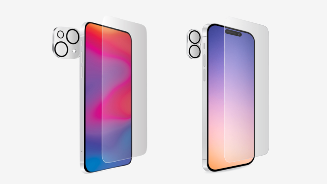 Two iPhones displayed side by side with tempered glass screen protectors. On the left, iPhone 15 with the Sprout Tempered Glass Screen Protector, shown over a colourful gradient display. On the right, iPhone 16 with the Sprout Tempered Glass Screen Protector, shown over a more subtle gradient display. Each protector is positioned in front of its respective phone to demonstrate fit.