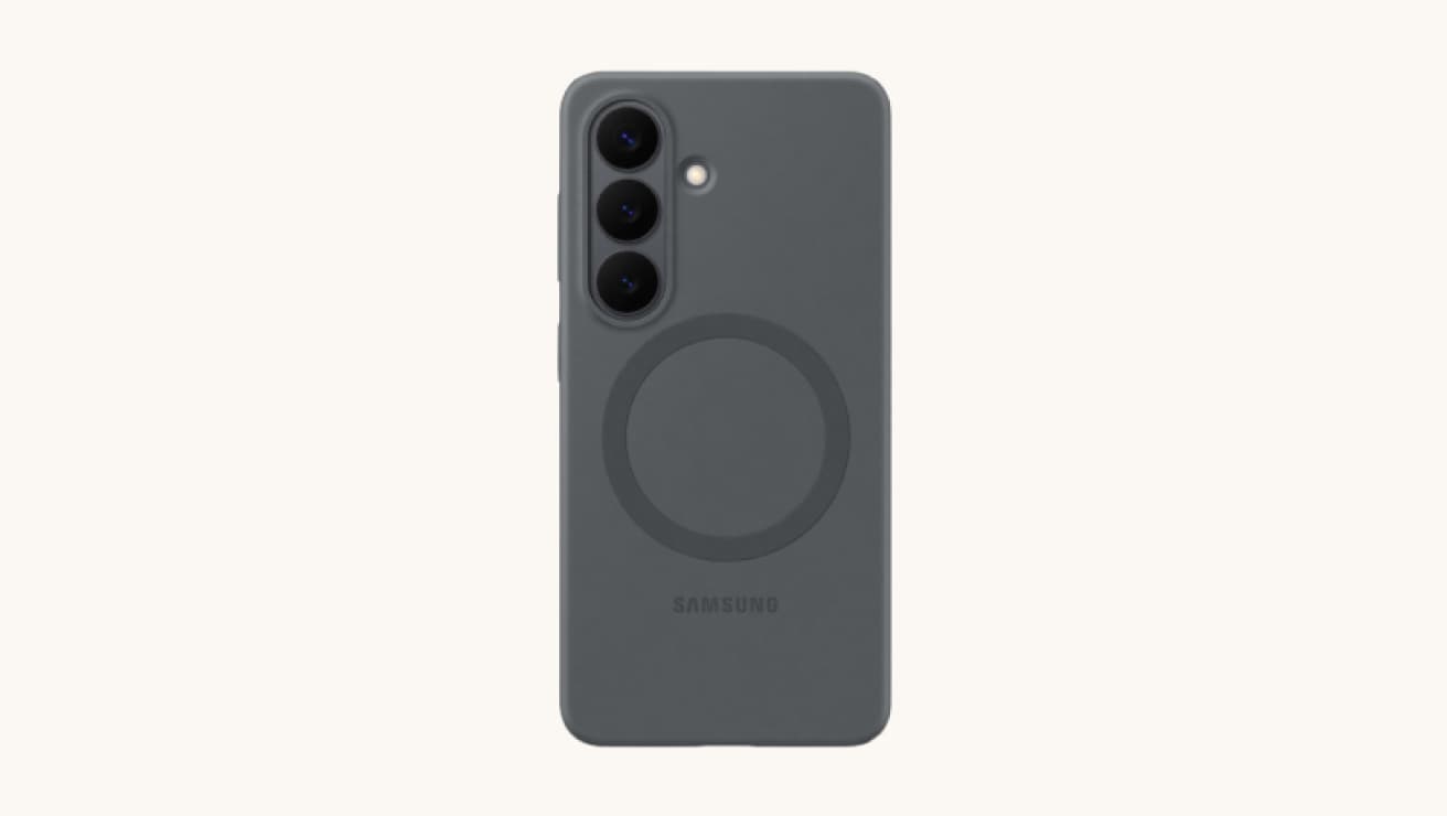 Grey S26 phone case with a matte finish and circular magnetic ring on the back