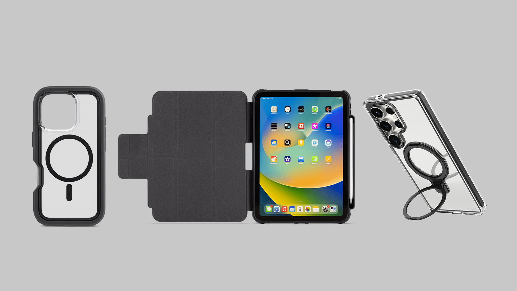 Three different device cases pictured beside each other. From left to right is the iPhone 16 Pro Gladiator MagSafe Case with a circular MagSafe ring in the center, an open iPad A16 Fortress Case with the tablet screen displaying app icons, and a Samsung S25 Ultra DHC Kickstand Case with a circular kickstand supporting the device.
