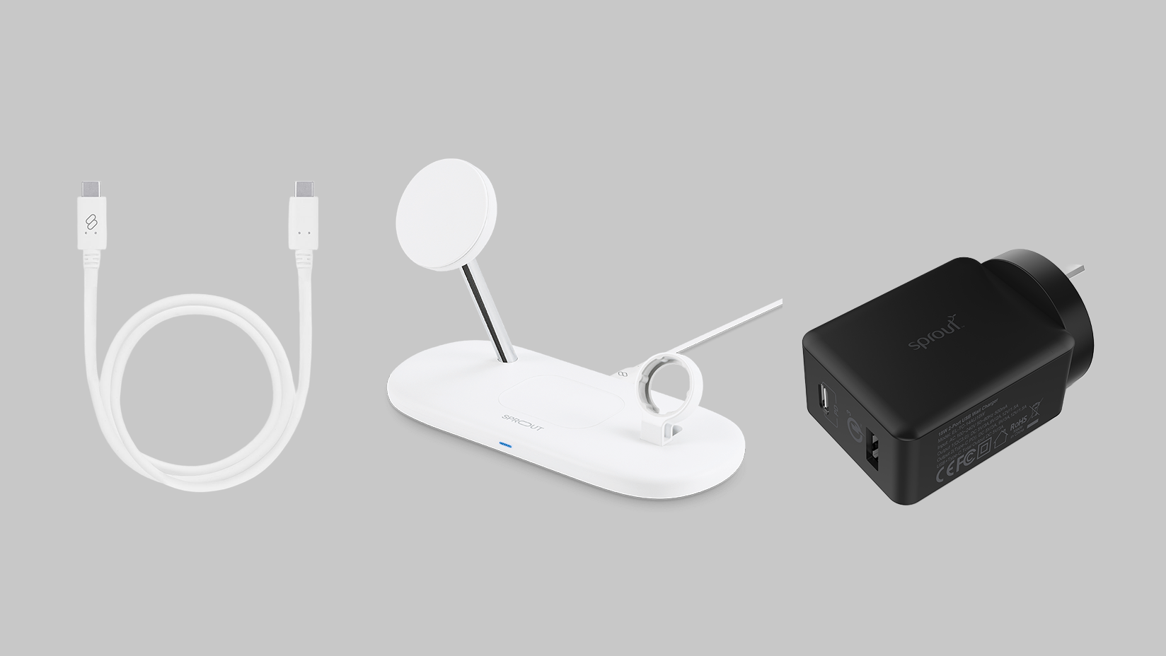 Three charging accessories are pictured beside each other. On the left is a white USB-C to USB-C cable in a coil. In the centre is a white Qi2 Magnetic 3-in-1 Wireless Charger featuring a sleek design with three distinct charging areas. On the right is a black Dual Port Power Supply QC3.0 adapter with two USB output ports and foldable prongs for wall outlet use.
