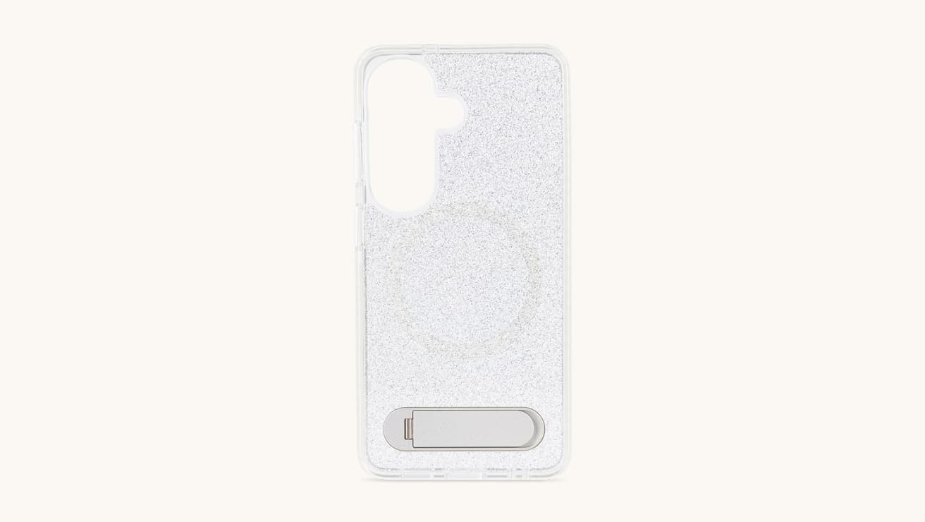 Clear S26 phone case with a subtle glitter finish and silver kickstand