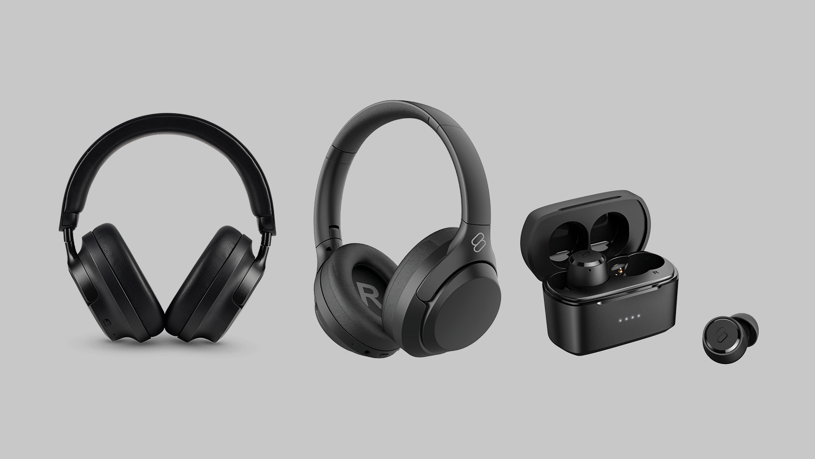 Three Sprout audio devices are pictured beside each other. From left to right, there are Harmonic 4.0 Bluetooth Headphones in black, Invoke 2.0 Bluetooth Headphones in black and Cadence 2.0 TWS Earbuds with one small earbud placed in an open charging case along with one earbud shown separately outside the case.