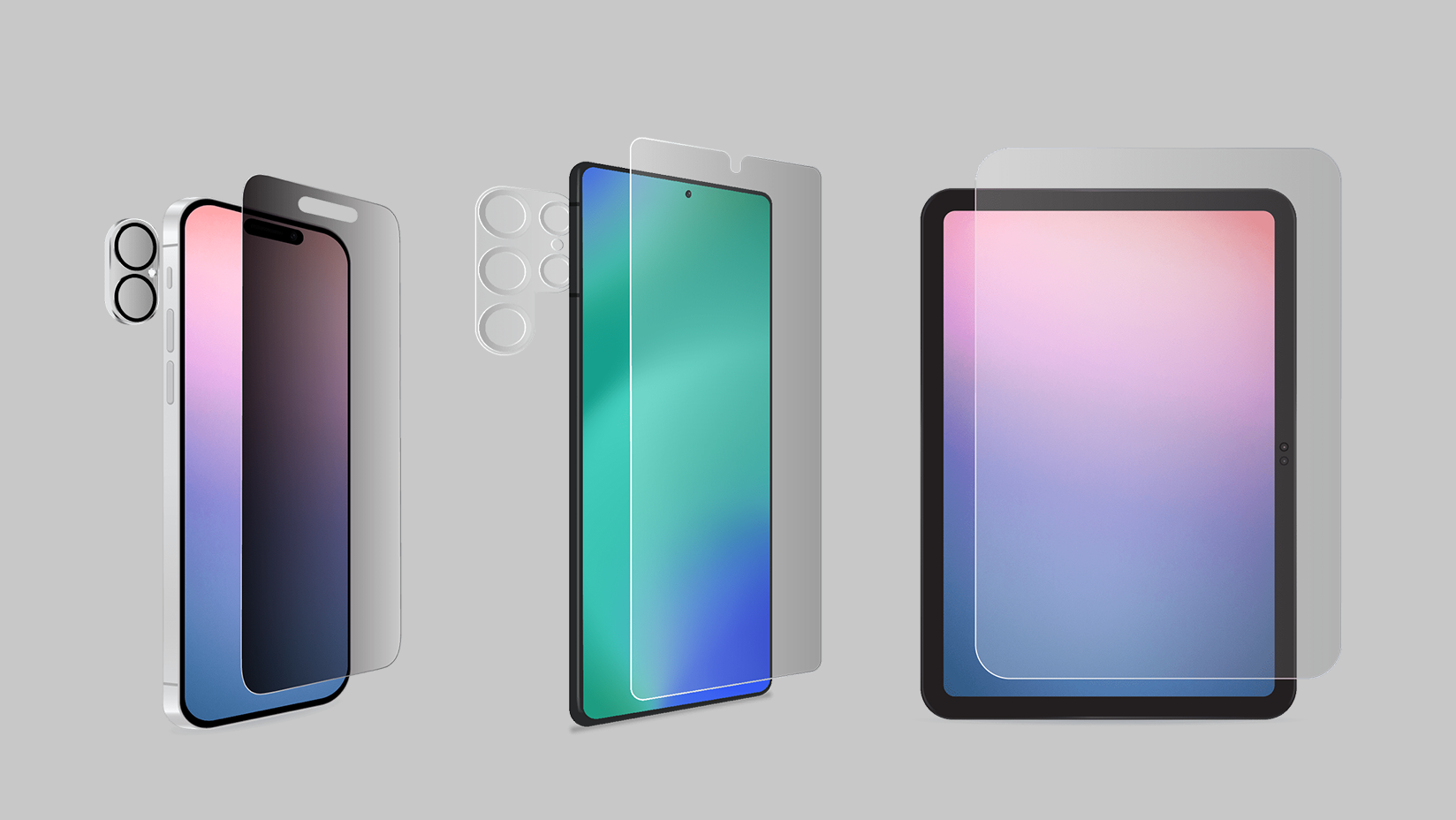 Three screen protectors for different devices pictured beside each other. On the left is the iPhone 16 Plus Privacy Glass Screen Protector, featuring a black border and privacy tint. In the centre is the Samsung S25 Ultra Tempered Glass Screen Protector with a clear finish. On the right is the iPad A16 Glass Screen Protector with a smooth transparent surface designed for full-screen coverage. 