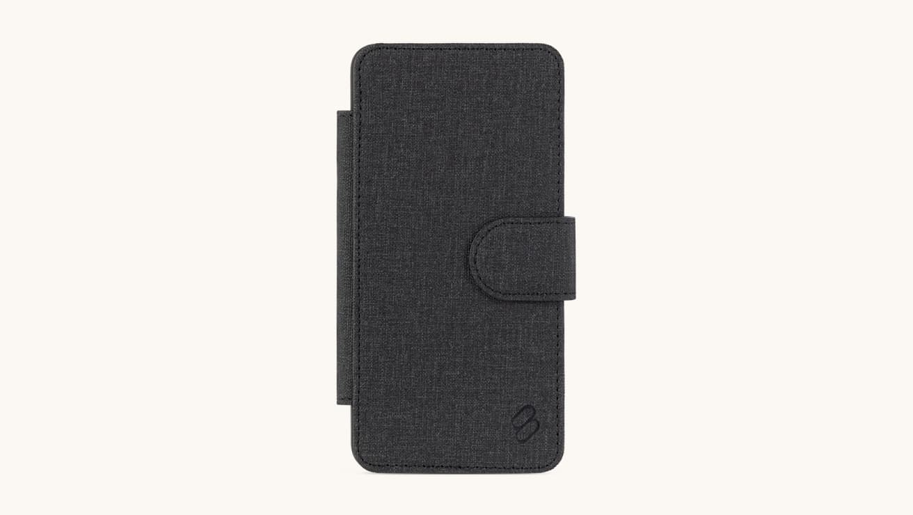 Dark fabric S26 wallet phone case with a front flap and snap closure