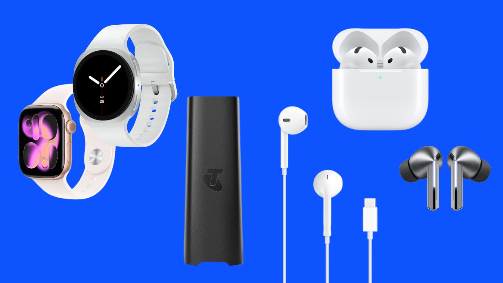 From left to right, Apple Watch Series 11, Samsung Galaxy Watch8, Telstra Smart Wi-Fi Booster Gen 3, Apple EarPods (USB-C), Apple AirPods 4, Samsung Galaxy Buds3 Pro are laid out on a blue background.